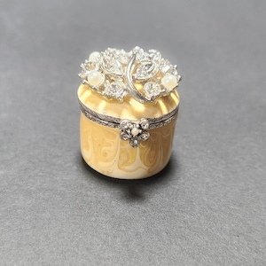 Vintage RJ Graziano Enameled Pill box, Butterscotch color  decorated with faux pearls and crystals