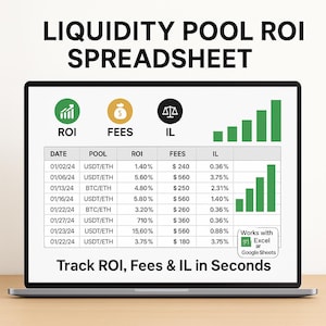 May include: A laptop screen displaying a spreadsheet titled "LIQUIDITY POOL ROI SPREADSHEET." The spreadsheet tracks ROI, fees, and IL with data, charts, and the text "Track ROI, Fees & IL in Seconds." The screen also shows "Works with Excel or Google Sheets."