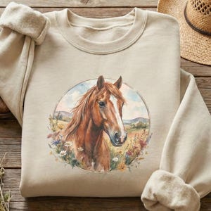 Watercolor Horse Sweatshirt Crew Neck Pullover Cotton Poly Blend Equine Art Design Western Aesthetic Cowgirl Fashion Country Style Rustic Portrait Barn Wear Casual Outfit Equestrian Lifestyle Comfortable Layering Piece Horse Lover Gift Fall