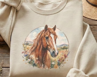 Watercolor Horse Sweatshirt Crew Neck Cowgirl Style Western Aesthetic Equine Art Barn Wear Cotton Poly Pullover Horse lover Design