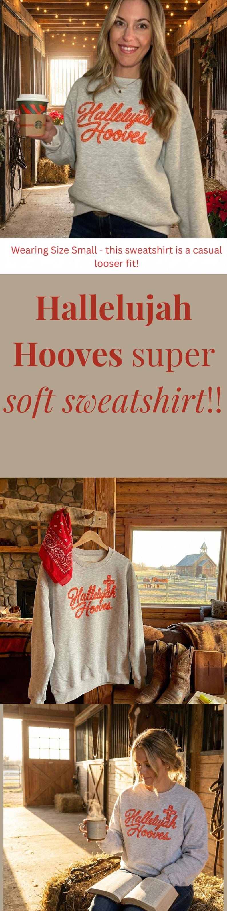 Może przedstawiać: Jasnoszara bluza z napisem "Hallelujah Hooves" w kolorze czerwonym. Bluza ma swobodny kr&oacute;j i nadaje się do noszenia na co dzień. Zdjęcie przedstawia bluzę w r&oacute;żnych ustawieniach.