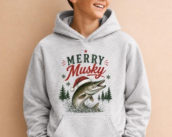 Dziecięca koszulka wędkarska dla chłopców, bluza wędkarska z kapturem, młodzieżowa bluza świąteczna, prezent wędkarski na świeżym powietrzu, chrześcijański sweter z rybką piżmową, odzież świąteczna Świętego Mikołaja