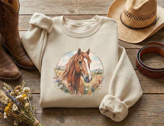 Watercolor Horse Sweatshirt Crew Neck Cowgirl Style Western Aesthetic Equine Art Barn Wear Cotton Poly Pullover Horse lover Design