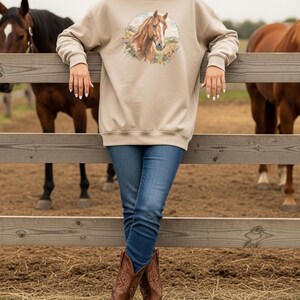 Horse Lover Gift Watercolor Equine Design Crewneck Sweatshirt Cotton Poly Blend Comfortable Casual Wear Rustic Portrait Artwork Western Aesthetic Apparel Country Style Fashion Barn Ready Outfit Equestrian Lifestyle Clothing Cozy Layering