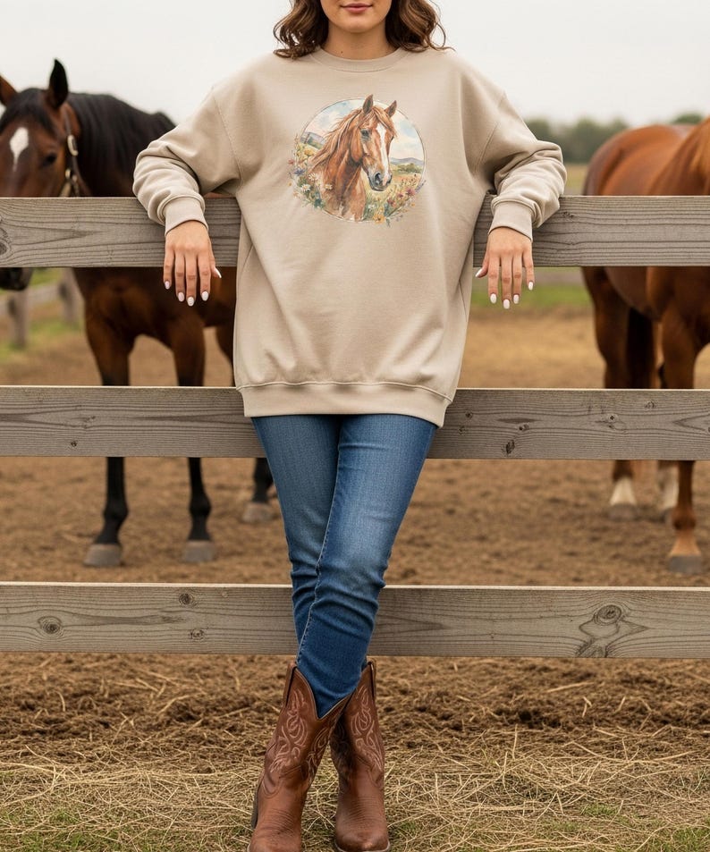 Horse Lover Gift Watercolor Equine Design Crewneck Sweatshirt Cotton Poly Blend Comfortable Casual Wear Rustic Portrait Artwork Western Aesthetic Apparel Country Style Fashion Barn Ready Outfit Equestrian Lifestyle Clothing Cozy Layering