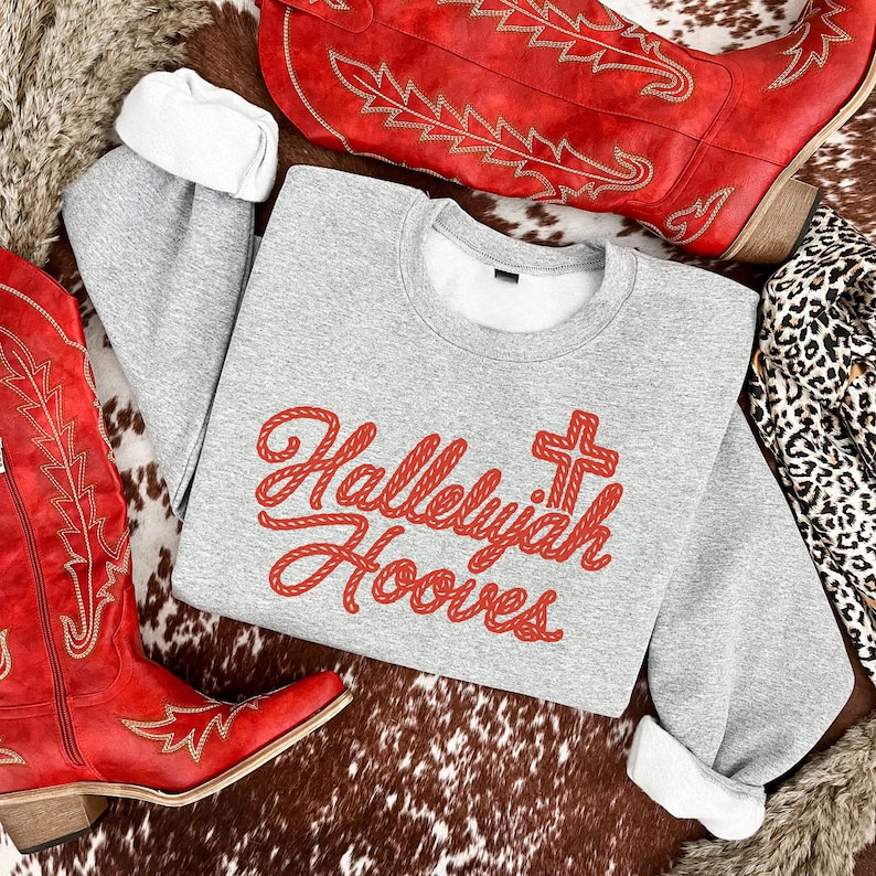 Christian Horse Sweatshirt Faith Apparel Gray Crewneck Hallelujah Hooves Equestrian Design Spiritual Message Casual Wear Winter Fashion Daily Comfort Cozy Pullover Loose Fit Ribbed Cuffs Medium Thickness Soft Fabric Perfect Gift Equine