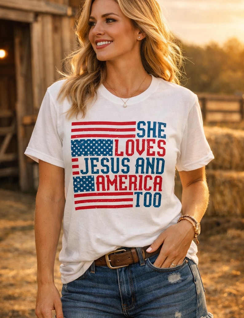Christian Patriotic Shirt Women Graphic Tee Faith Based Design American Flag Distressed Vintage Look Jesus America Message Casual Summer Top Country Style Patriotic Apparel July Fourth Celebration Church Gathering Holiday Event Faith