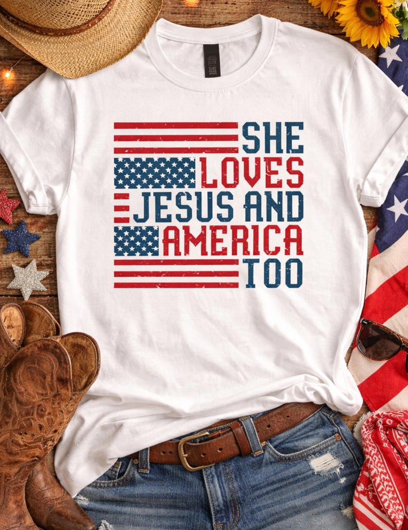 American Flag Christian Shirt Women Patriotic Tshirt Faith Based Graphic Tee Vintage Distressed Look Country Style Apparel July Fourth Outfit Summer Holiday Wear Church Gathering Clothing Jesus America Message Religious Theme Casual