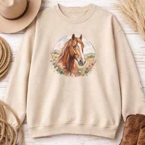 Equestrian Fashion Watercolor Horse Portrait Crewneck Sweatshirt Cotton Poly Blend Western Style Apparel Country Lifestyle Clothing Rustic Equine Art Design Comfortable Barn Wear Casual Cowgirl Outfit Horse Lover Gift Stylish Fall Winter