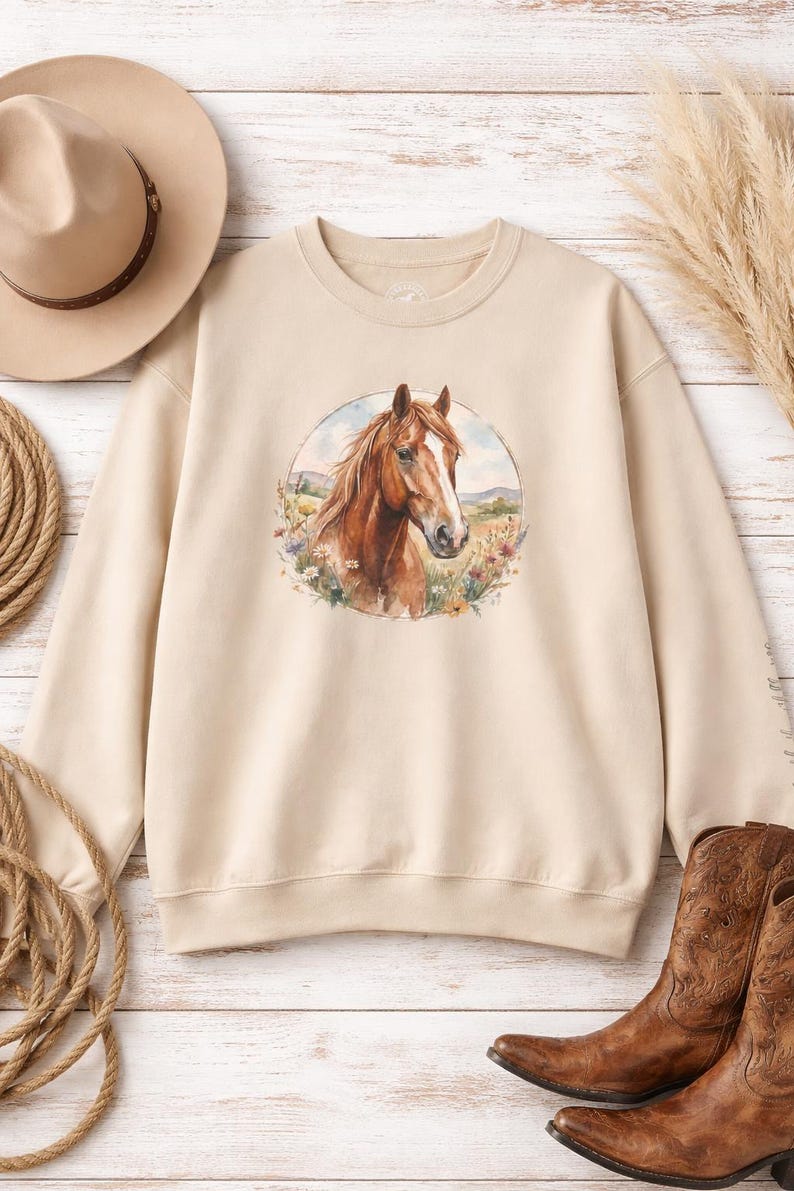 Equestrian Fashion Watercolor Horse Portrait Crewneck Sweatshirt Cotton Poly Blend Western Style Apparel Country Lifestyle Clothing Rustic Equine Art Design Comfortable Barn Wear Casual Cowgirl Outfit Horse Lover Gift Stylish Fall Winter