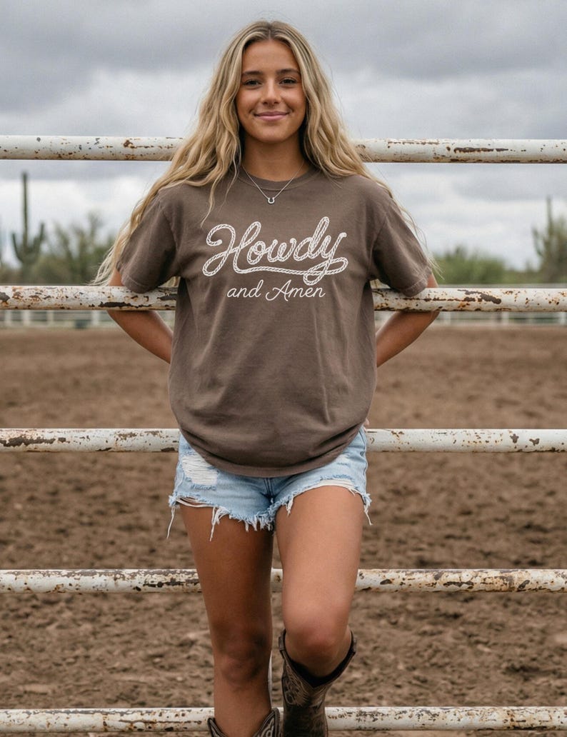 Western Faith Graphic Tee Christian Cowgirl Shirt Country Style Apparel Rodeo Outfit Collection Casual Cotton Tshirt Garment Dyed Process Comfort Color Quality Horse Lover Gift Ranch Life Clothing Soft Fabric Construction Religious Message