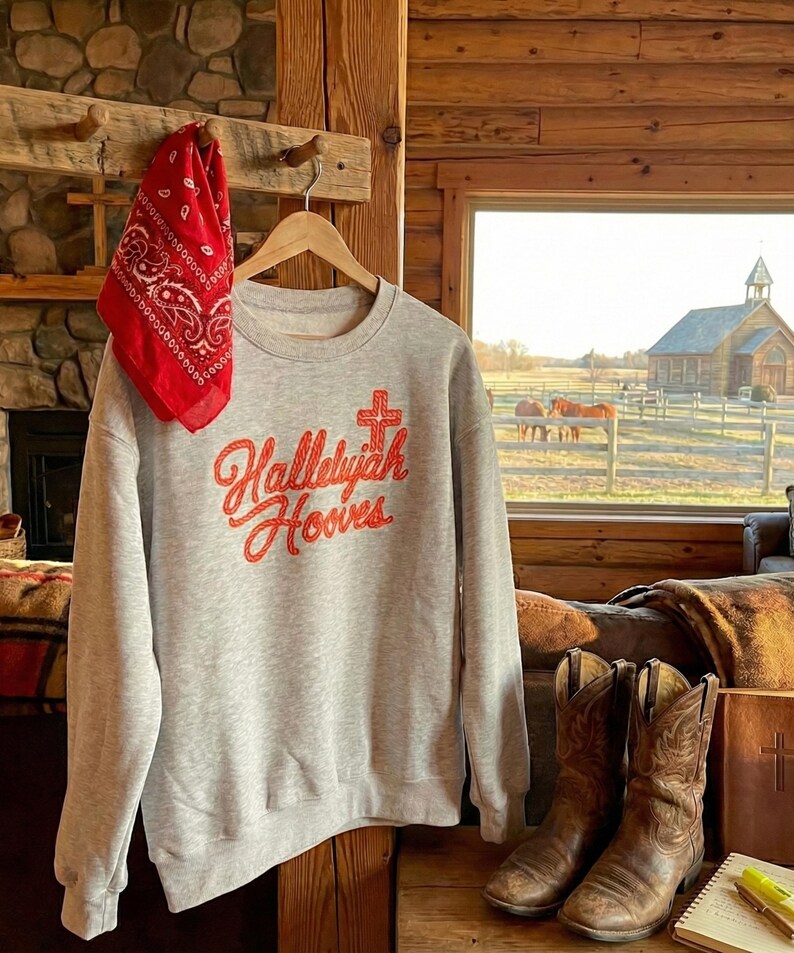 Bluza z nadrukiem konia chrześcijańskiego, odzież religijna, szara, z okrągłym dekoltem, Hallelujah Hooves, odzież jeździecka, prezent, odzież religijna dla koni, odzież duchowa, wygodna zdjęcie 14