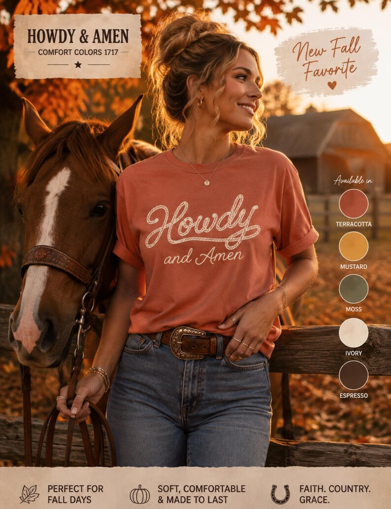 May include: A terracotta-colored short-sleeve t-shirt featuring the text Howdy and Amen in a white rope-style font. The shirt is labeled Comfort Colors 1717 and is displayed alongside a color palette showing terracotta, mustard, moss, ivory, and espresso.