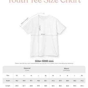 May include: A white t-shirt with a size chart for youth tees. The chart includes measurements in inches and centimeters for width, length, and sleeve length, ranging from XS to XL. The text "Youth Tee Size Chart" is at the top.