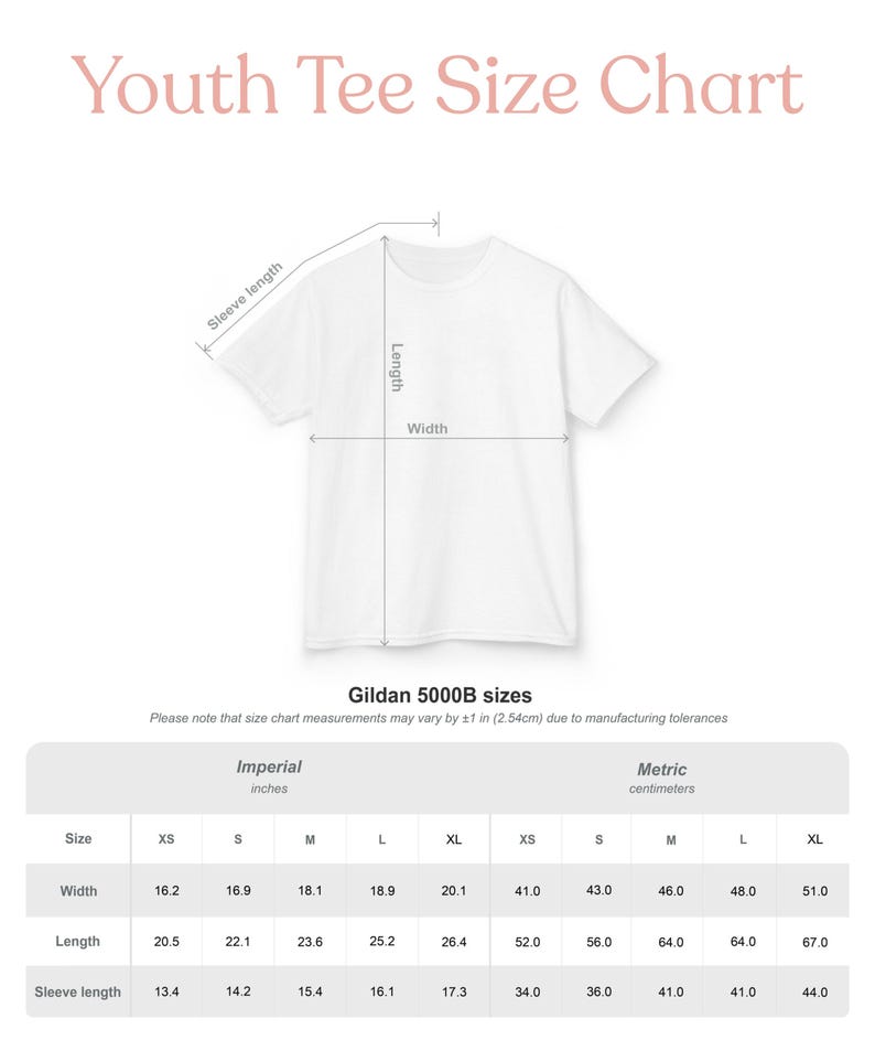 May include: A white t-shirt with a size chart for youth tees. The chart includes measurements in inches and centimeters for width, length, and sleeve length, ranging from XS to XL. The text "Youth Tee Size Chart" is at the top.