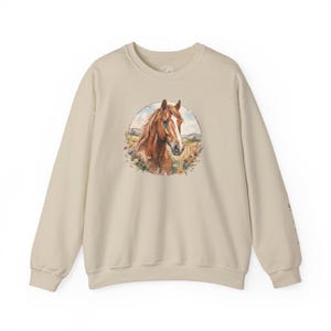 Comfortable Horse Sweatshirt Watercolor Equine Portrait Cotton Poly Blend Crewneck Pullover Western Aesthetic Design Rustic Country Style Barn Ready Apparel Casual Equestrian Wear Cowgirl Fashion Statement Horse Lover Gift Cozy Layering