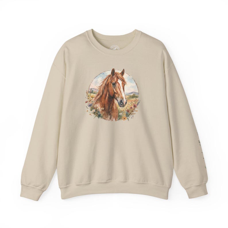 Comfortable Horse Sweatshirt Watercolor Equine Portrait Cotton Poly Blend Crewneck Pullover Western Aesthetic Design Rustic Country Style Barn Ready Apparel Casual Equestrian Wear Cowgirl Fashion Statement Horse Lover Gift Cozy Layering
