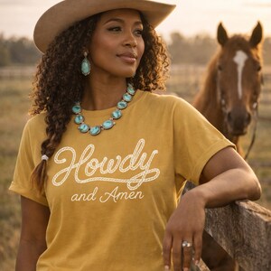 Country Western Tshirt Christian Faith Design Cowgirl Graphic Tee Rodeo Apparel Collection Ranch Style Outfit Casual Cotton Construction Garment Dyed Process Comfort Color Quality Horse Lover Gift Prayer Inspiration Message Soft Fabric Feel
