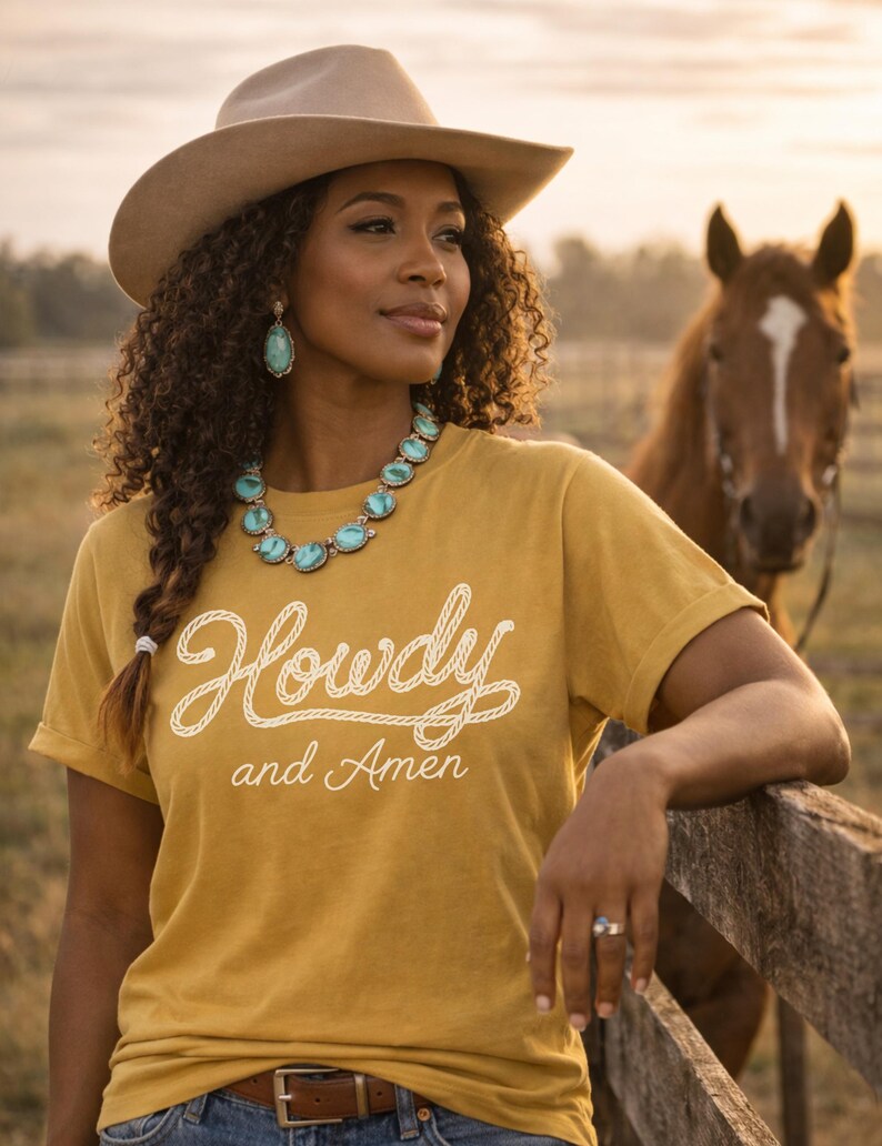 Country Western Tshirt Christian Faith Design Cowgirl Graphic Tee Rodeo Apparel Collection Ranch Style Outfit Casual Cotton Construction Garment Dyed Process Comfort Color Quality Horse Lover Gift Prayer Inspiration Message Soft Fabric Feel