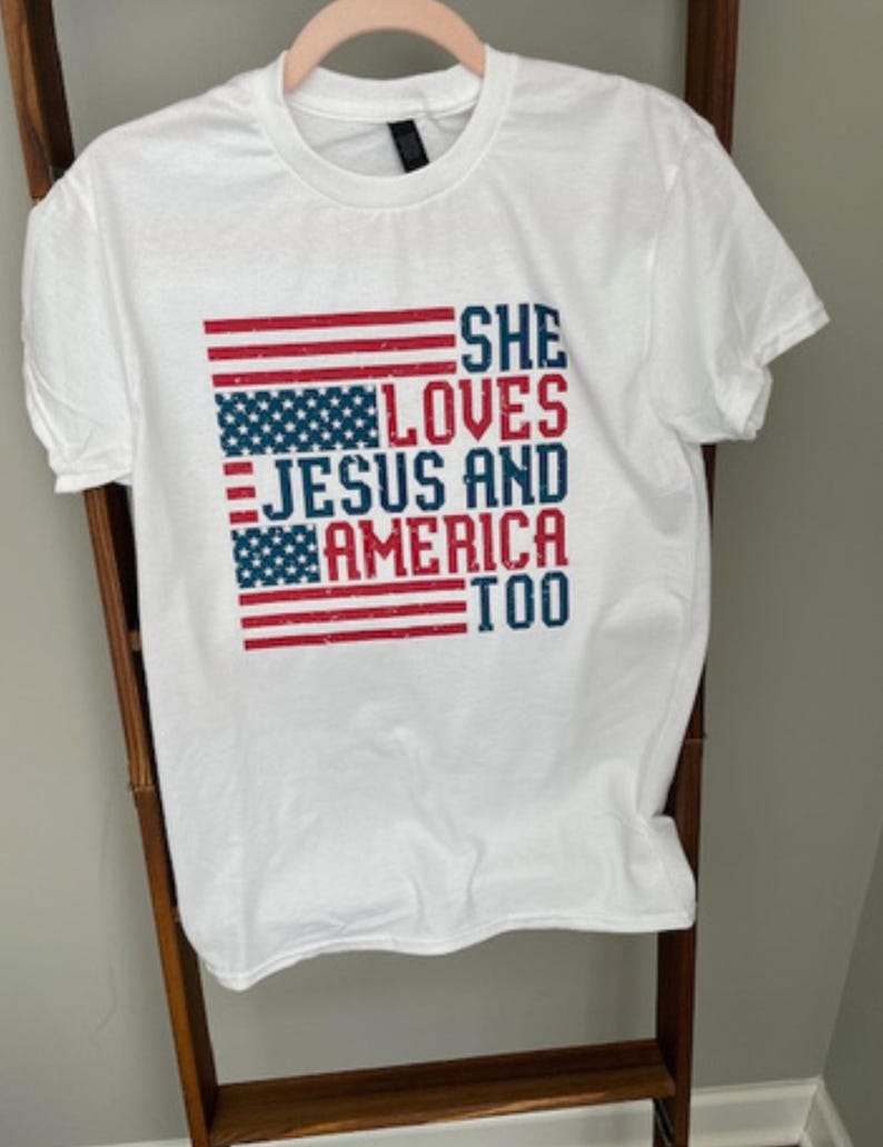 Faith Based Tshirt Patriotic Christian Apparel Women Graphic Tee American Flag Design Vintage Distressed Look Country Style Top July Fourth Celebration Wear Summer Holiday Outfit Church Event Clothing Casual Everyday Fashion Religious