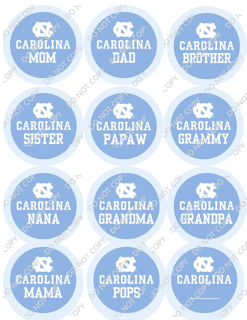May include: A collection of light blue and white circular stickers. Each sticker features the text "Carolina" above a family title such as "Mom," "Dad," "Brother," "Sister," "Papaw," "Grammy," "Nana," "Grandma," "Mama," "Pops," and "Grandpa."