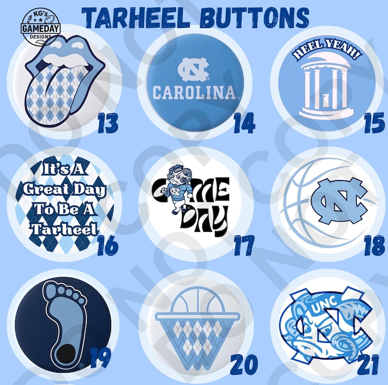 UNC Carolina Tarheels Game Day Buttons (Single or Bundle of 3, 6, 9) Tailgate Pins Chapel Hill NC College Football Basketball GameDay Outfit