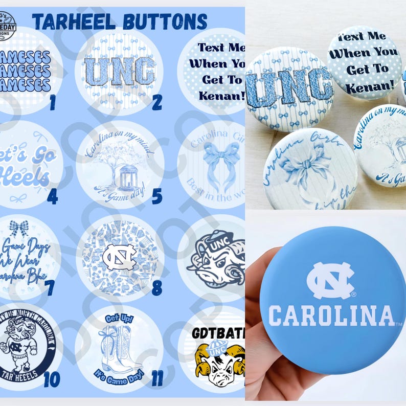 UNC Carolina Tarheels Game Day Buttons (Single or Bundle of 3, 6, 9) Tailgate Pins Chapel Hill NC College Football Basketball GameDay Outfit