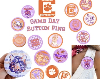 Clemson University Tigers Game Day Pins & Buttons (Single or Bundles) Tailgate Pins Clemson, SC College Football Basketball Game Day Outfits