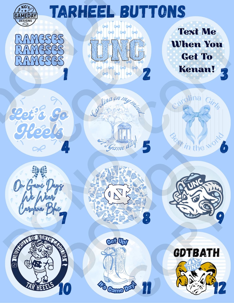 UNC Carolina Tarheels Game Day Buttons (Single or Bundle of 3, 6, 9) Tailgate Pins Chapel Hill NC College Football Basketball GameDay Outfit