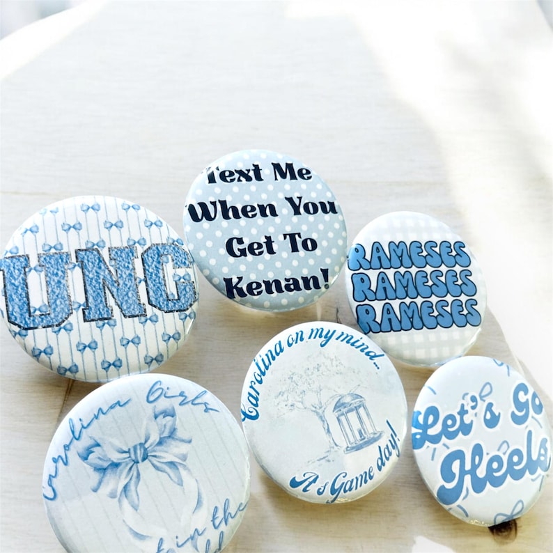 UNC Carolina Tarheels Game Day Buttons (Single or Bundle of 3, 6, 9) Tailgate Pins Chapel Hill NC College Football Basketball GameDay Outfit