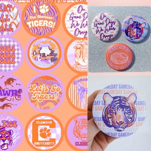 Clemson University Tigers Game Day Pins & Buttons (Single or Bundles) Tailgate Pins Clemson, SC College Football Basketball Game Day Outfits