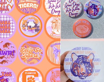 Clemson University Tigers Game Day Pins & Buttons (Single or Bundles) Tailgate Pins Clemson, SC College Football Basketball Game Day Outfits