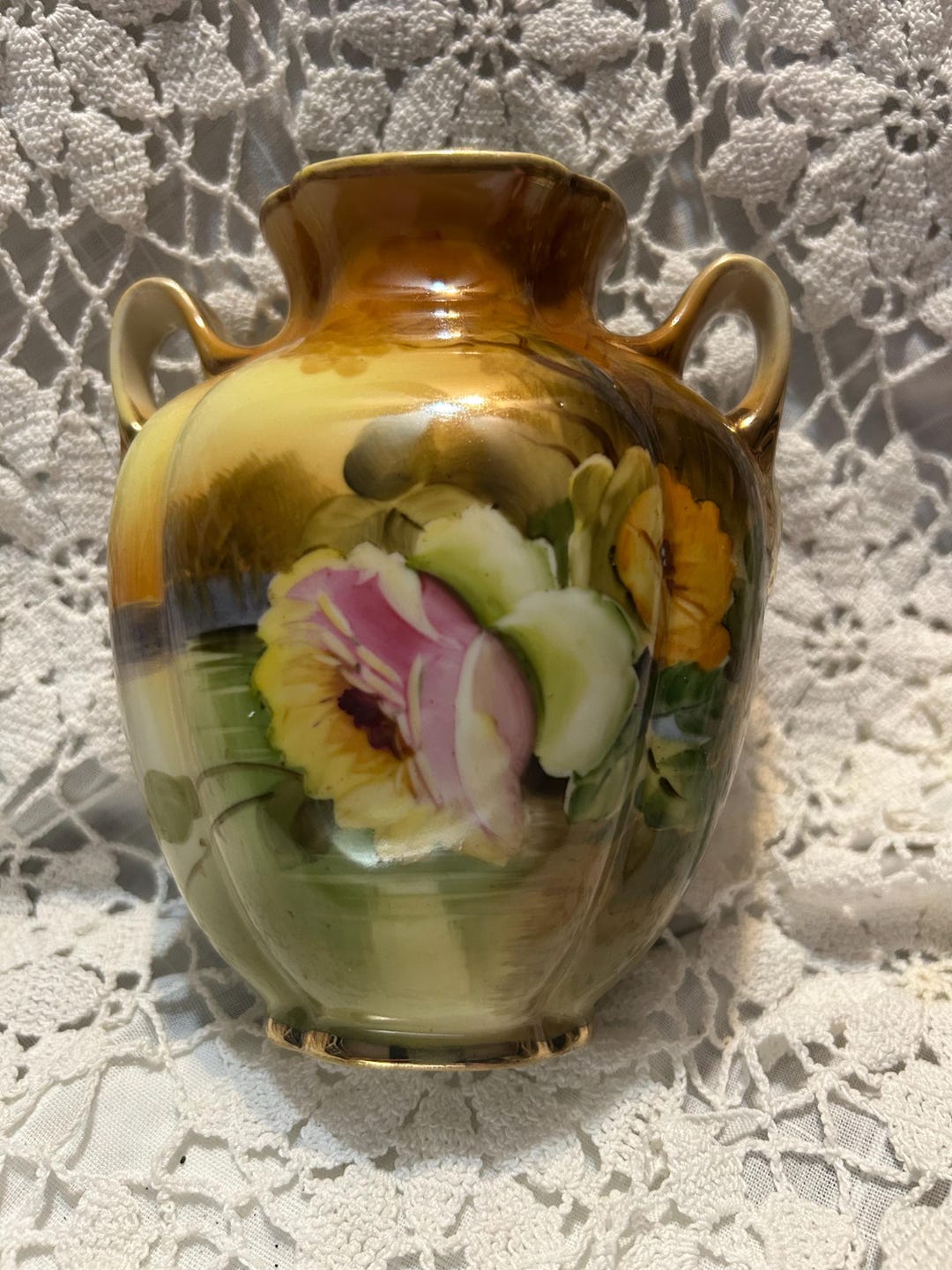 Hand Painted Nippon Vase – Antique Floral Porcelain Urn With Gold Gilt ...
