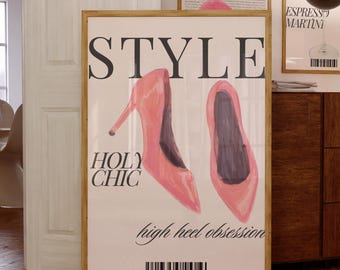 Modetijdschriftposter | Vintage kamerdecoratie roze hakken