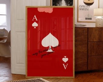 Cuadro decorativo de cartas rojas / Lámina con cita de la suerte del as de picas / Decoración vintage para dormitorio universitario / Póster retro rojo