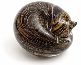 Glass Black Gold Tabby Sleeping Cat Paperweight