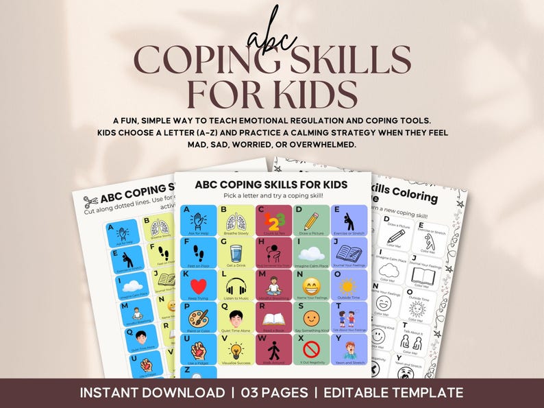 ABC Coping Skills for Kids Printable | Calm Down Cards | Anxiety and ...
