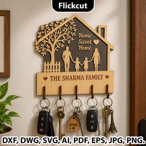 Personlig familjenyckelhållare SVG, Home Sweet Home nyckelhylla laserskuren fil, entréväggorganisatör, nyckelringshylla med krokar, väggdekor