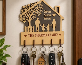 Personalized Family Key Holder SVG, Home Sweet Home Key Rack Laser Cut File, Entryway Wall Organizer, keychain rack with hooks, wall decor