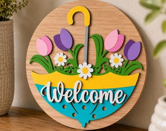 Spring Umbrella Welcome Door Hanger SVG, Floral Door Hanger SVG, Layered Round Door Hanger Laser Cut File, Floral Door Sign, Farmhouse decor