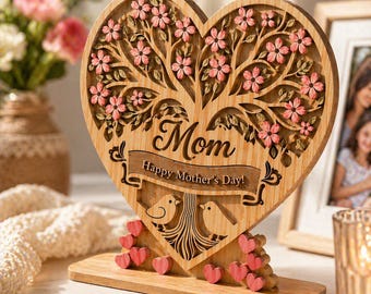 Mother's Day Tree Heart SVG Laser Cut File, Mother‘s Day Heart Sign SVG, Wooden Mom Gift, Tree Heart Stand Decor SVG, Gift for Mom Glowforge
