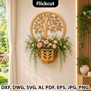 Fioriera da parete Albero della Vita SVG, Portavaso tagliato al laser SVG, Decorazione murale floreale SVG, decorazione minimalista per la casa svg, fioriera da interni, floreale svg