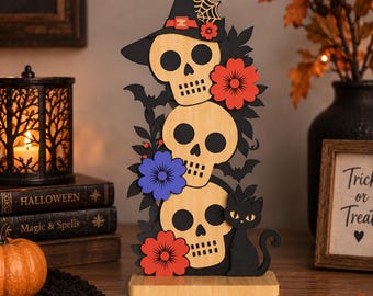 Halloween Laser Cut File, Spooky Halloween Decor SVG, Skull Witch Black Cat SVG, Halloween Table Decor, Wooden Tabletop Decor, Glowforge SVG