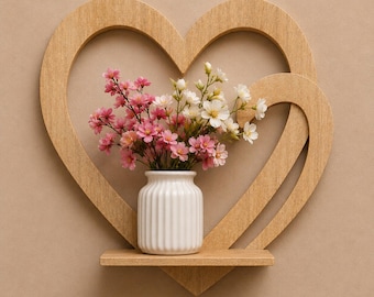 Heart Wall Shelf SVG, Heart Flower Vase Shelf Laser Cut File, Wooden Wall Decor DXF, Romantic Wall Art CNC Pattern, Glowforge LightBurn File