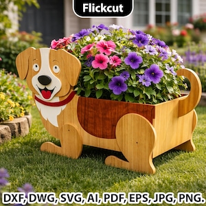 Puede incluir: Una jardinera de madera con forma de perro llena de vibrantes petunias rosas, moradas y blancas. La jardinera tiene un cuerpo marrón claro con una sección marrón más oscura y un collar rojo. El texto "Flickcut" está en la parte superior.