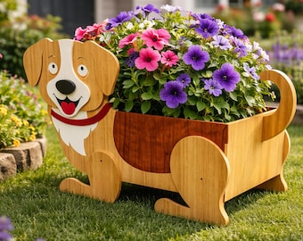 May include: A wooden dog-shaped planter filled with vibrant pink, purple, and white petunias. The planter has a light brown body with a darker brown section and a red collar. The text "Flickcut" is at the top.
