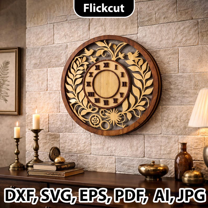 Layered Floral Wood Clock SVG Laser Cut, Wall Clock Dxf Template Wall ...