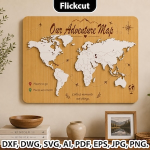 May include: A rectangular wooden wall plaque featuring a light wood grain background and a white laser-cut world map. The text reads Our Adventure Map, Collect moments not things, Places to go, and Places we've been, with airplane icons.
