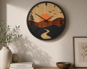 Layered Landscape Wall Clock SVG, Wooden Mountain Clock Laser Cut File, Sunset Wall Clock SVG, Modern Home Decor, Glowforge Clock Template