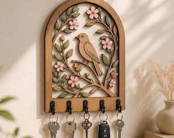 Bird Key Holder SVG, Floral Key Rack Laser Cut File, Wooden Wall Key Organizer SVG, Layered Bird Wall Decor, keychain rack with hooks, xtool